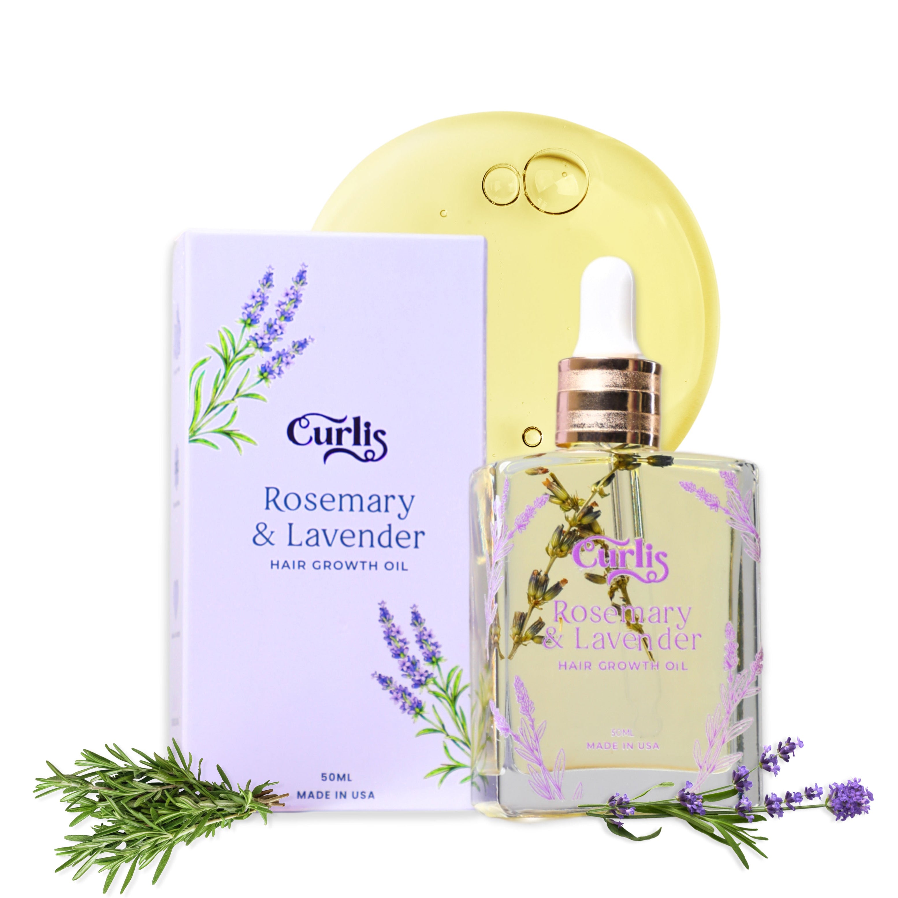 Curls Rosemary & Lavender hair growth oil with packaging on a white background